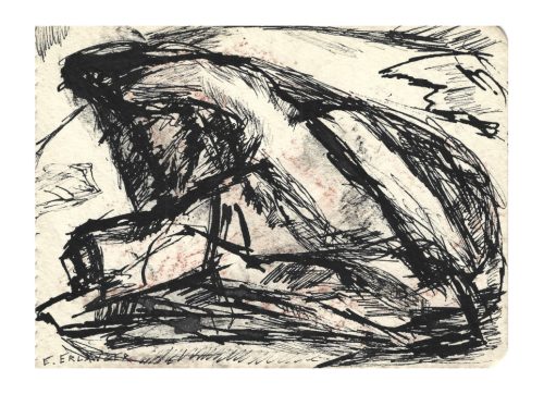 MID-CENTURY MODERN UNTITLED LANDSCAPE SKETCH<BR> By Elizabeth Erlanger<br> Signed Pen & Ink Drawing (Circa 1950-1954)
